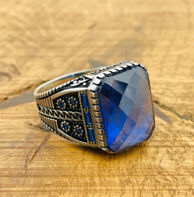 Men's Blue Zircon Silver Ring