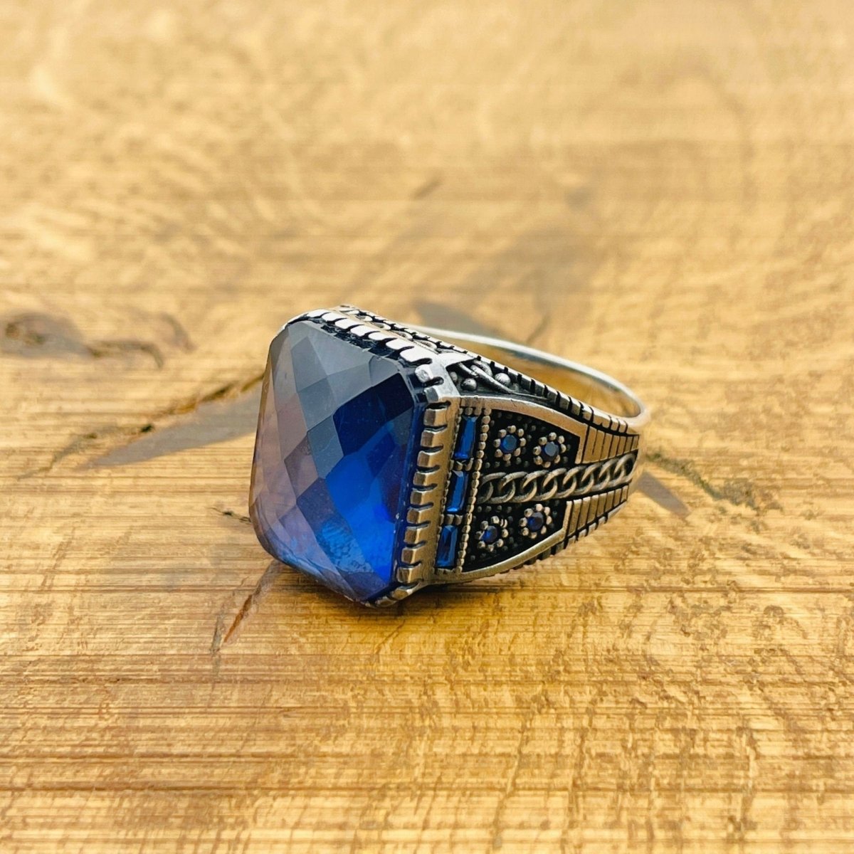 Men's Blue Zircon Silver Ring