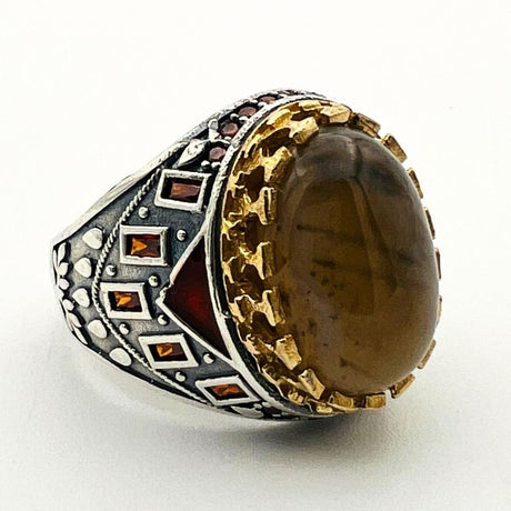 Men's Brown Agate Silver Ring