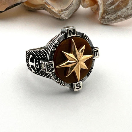 Men's Brown Agate Stone Silver Ring