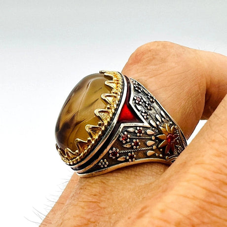 Men's Brown Agate Stone Silver Ring