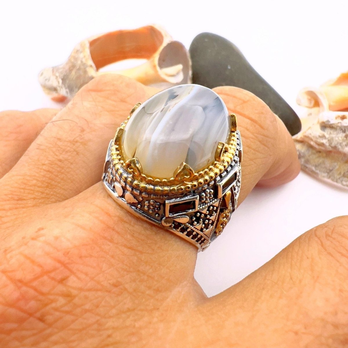 Men's Brown Agate Stone Silver Ring