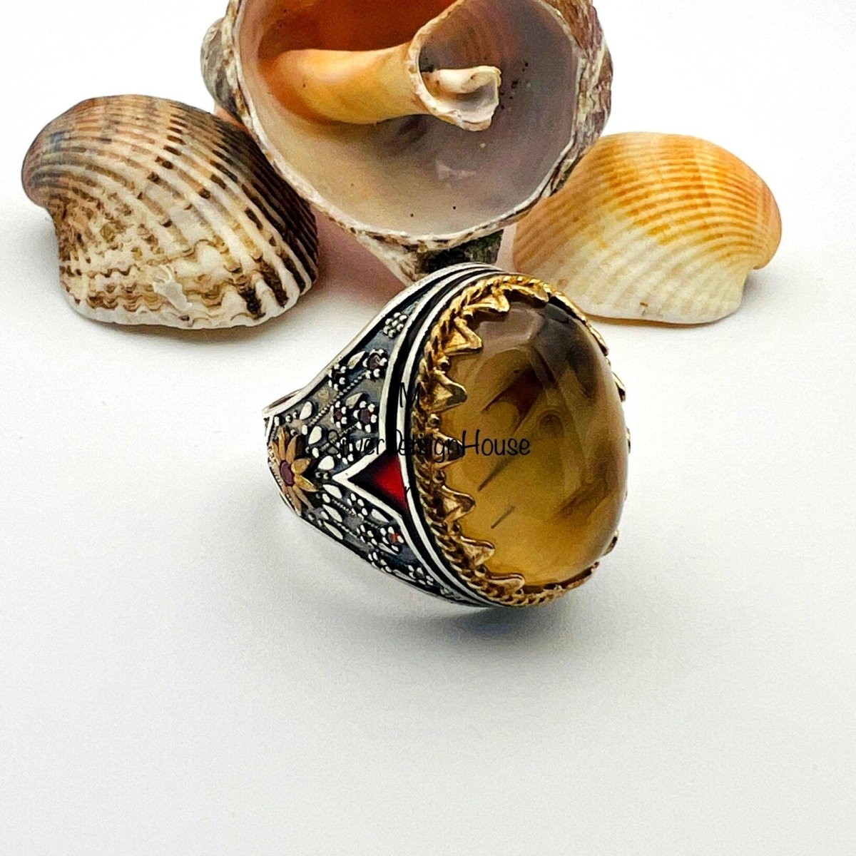 Men's Brown Agate Stone Silver Ring