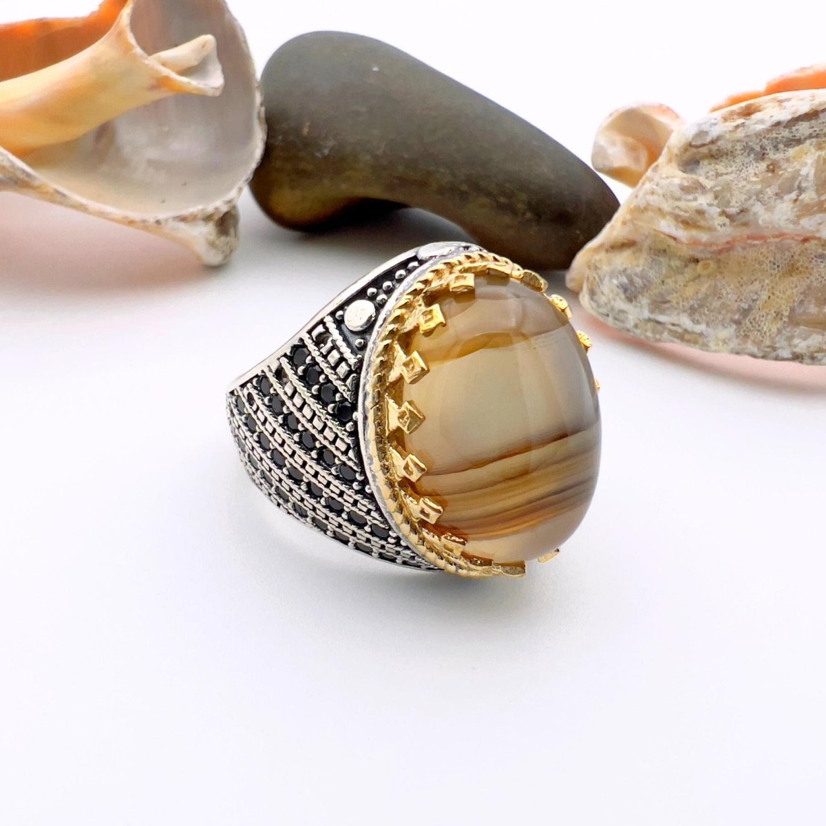 Men's Brown Agate Stone Silver Ring