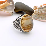 Men's Brown Agate Stone Silver Ring