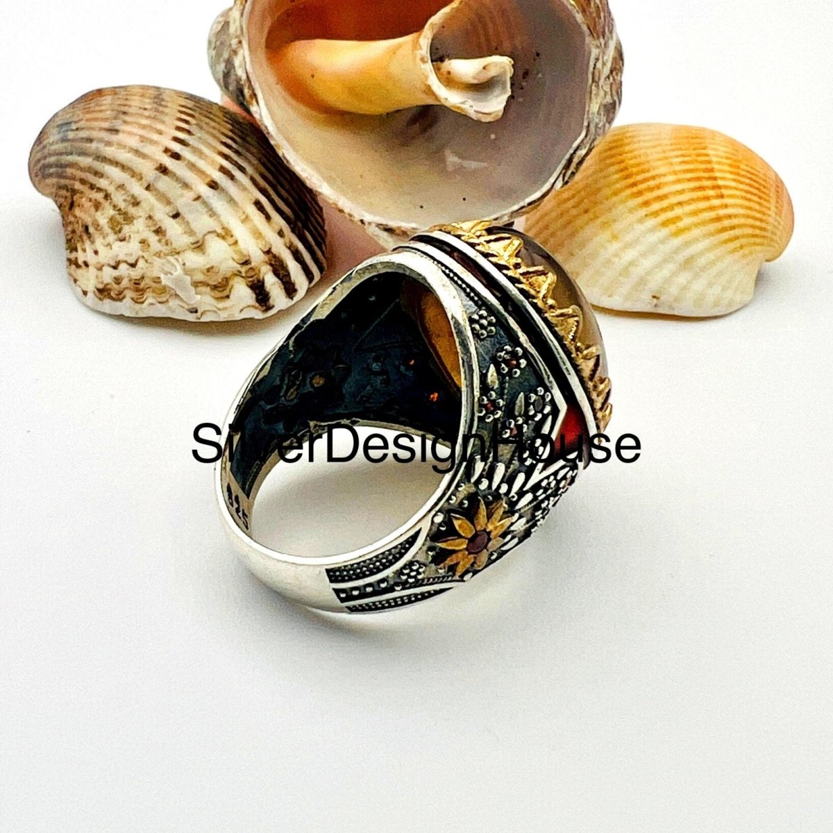 Men's Brown Agate Stone Silver Ring