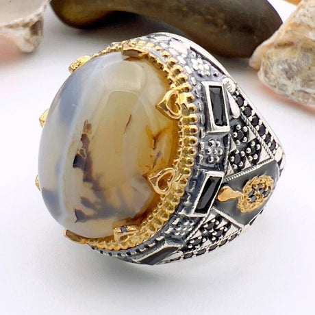 Men's Brown Agate Stone Silver Ring