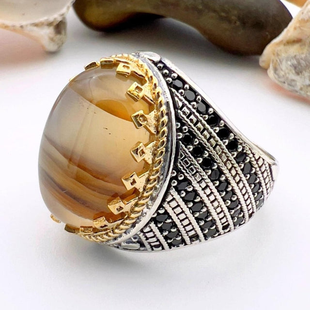 Men's Brown Agate Stone Silver Ring