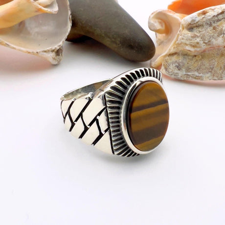 Men's Brown Tiger's Eye Stone Silver Ring