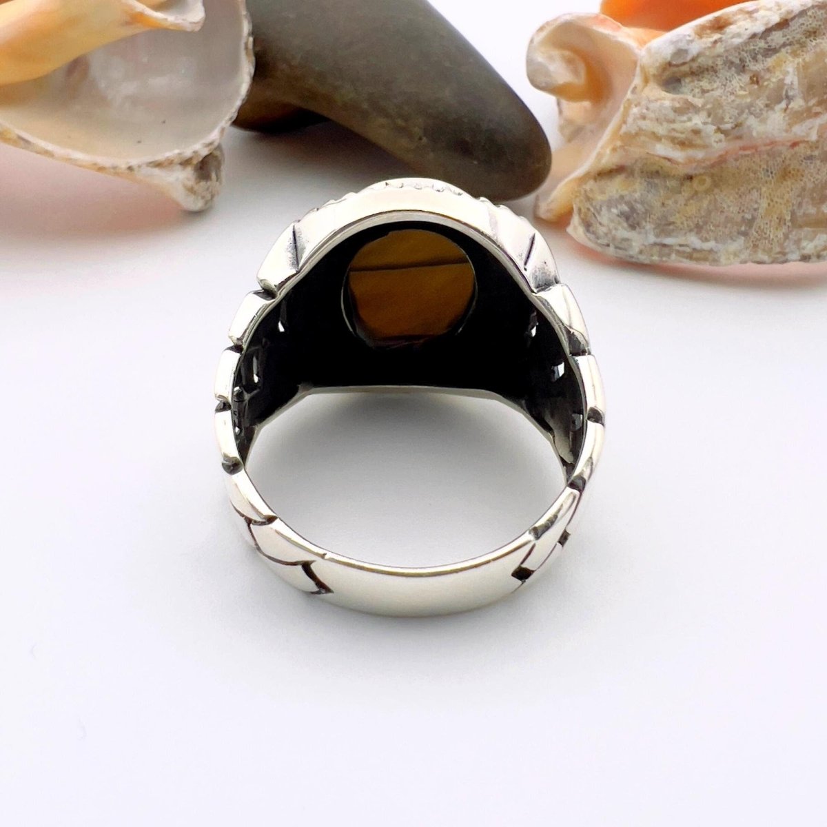 Men's Brown Tiger's Eye Stone Silver Ring