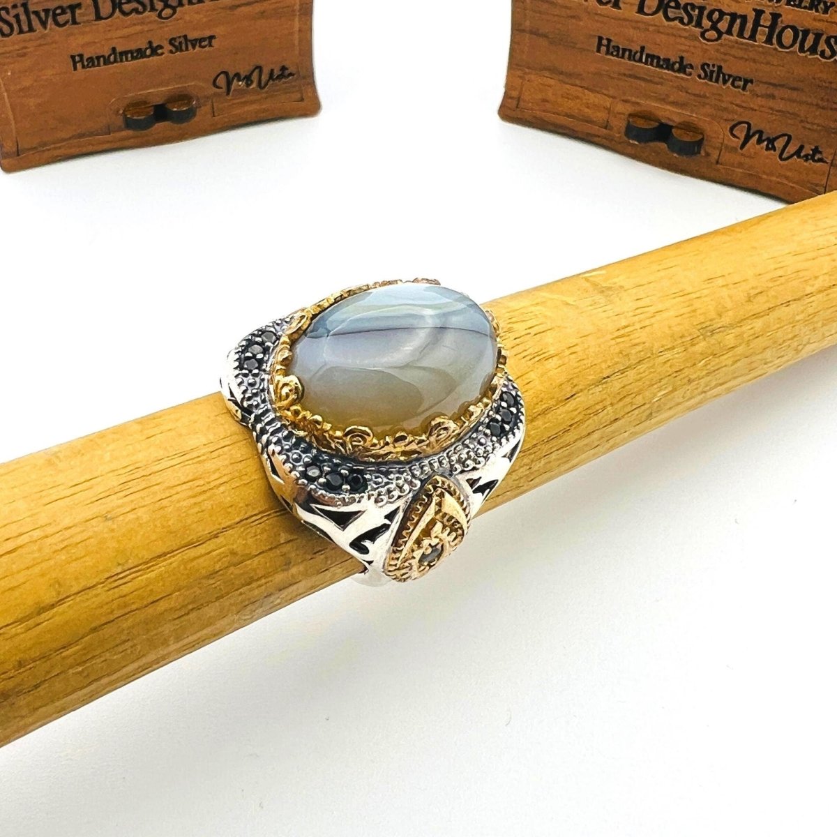 Men's Brown Topaz Agate Stone Silver Ring