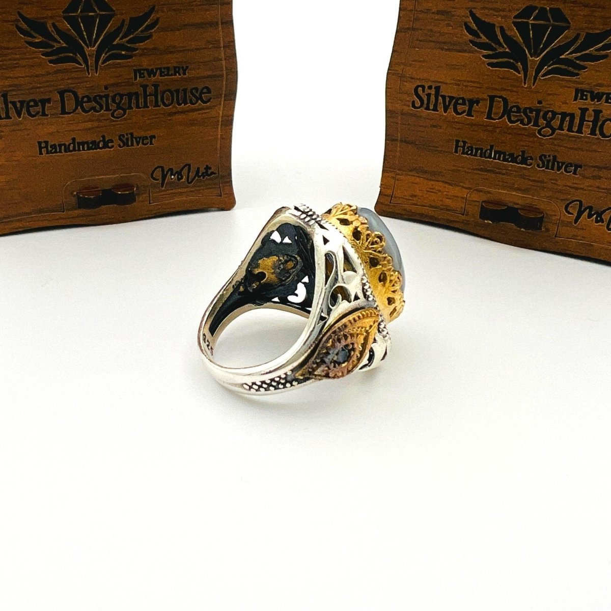 Men's Brown Topaz Agate Stone Silver Ring