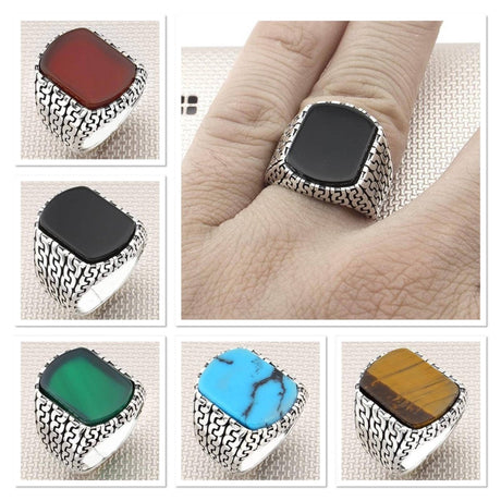 Men's Chain Patterned Plain Stone Handmade Silver Ring