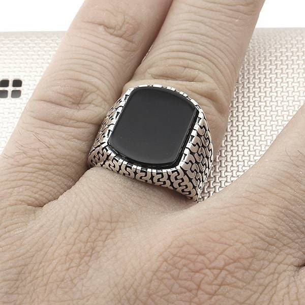 Men's Chain Patterned Plain Stone Handmade Silver Ring