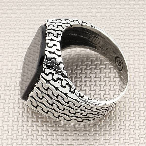 Men's Chain Patterned Plain Stone Handmade Silver Ring