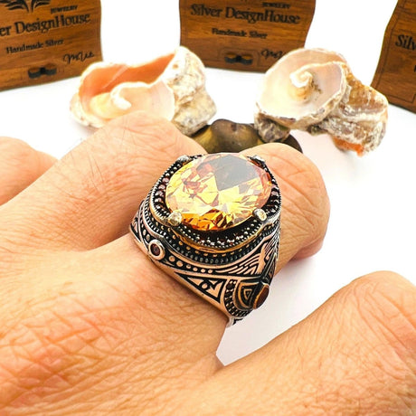 Men's Champagne Citrine Oval Stone Silver Ring