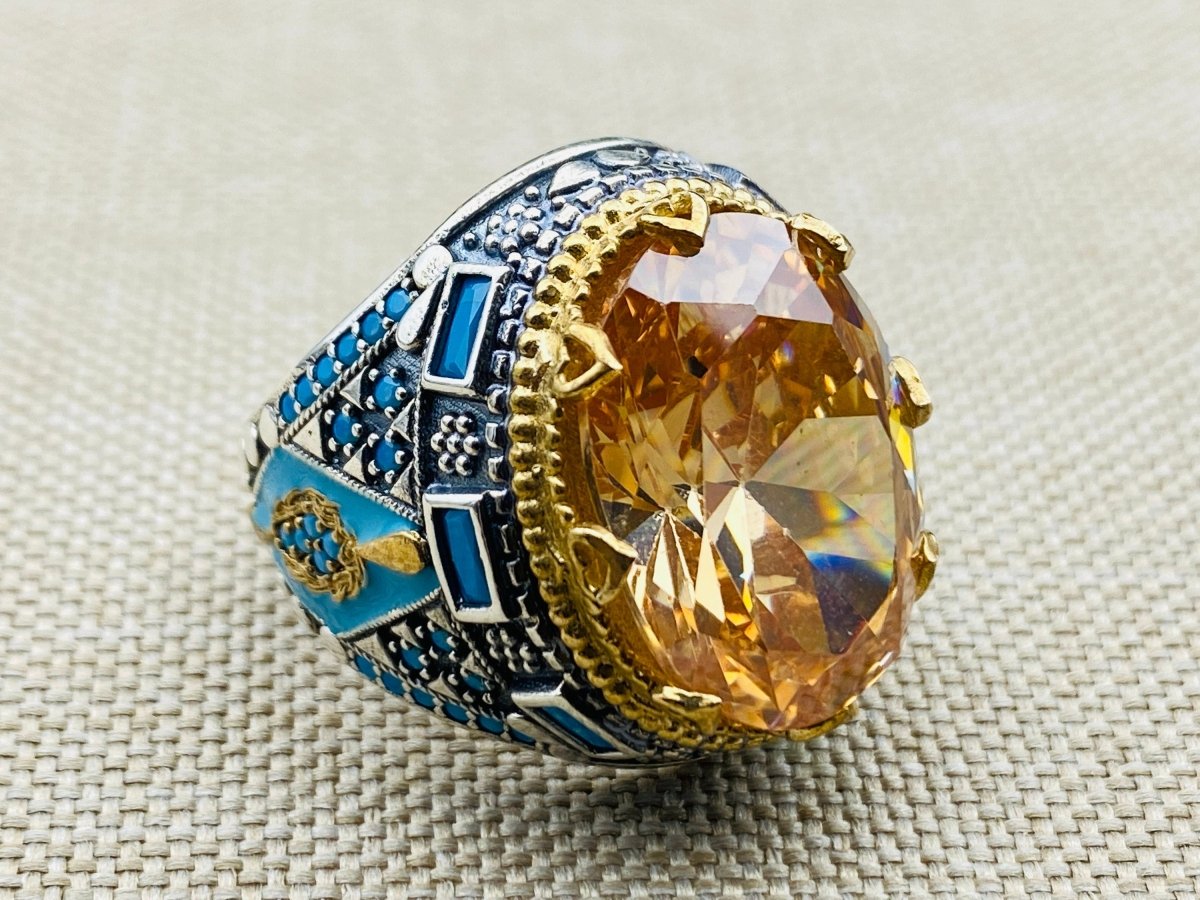 Men's Champagne Citrine Stone Silver Ring