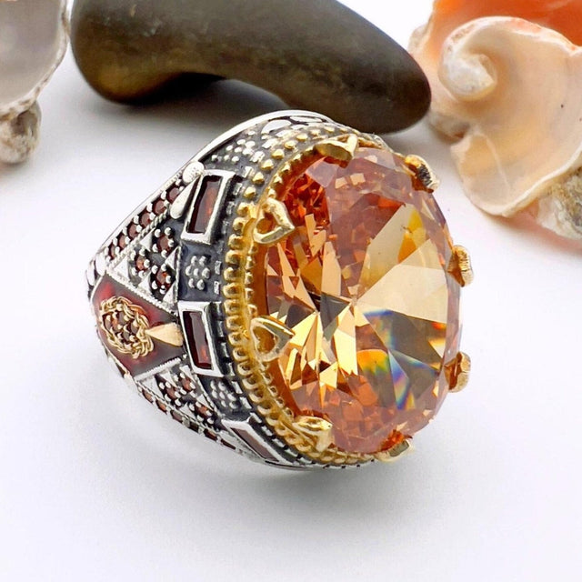 Men's Champagne Citrine Stone Silver Ring