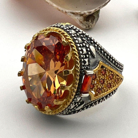 Men's Champagne Citrine Stone Silver Ring