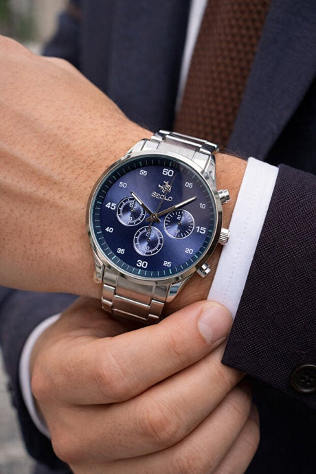 Men's Chronograph Watch - Blue Dial, Stainless Steel Band - TryAladdin