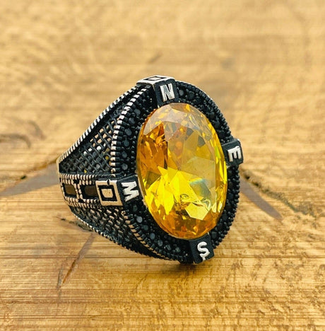 Men's Citrine Compass Silver Ring