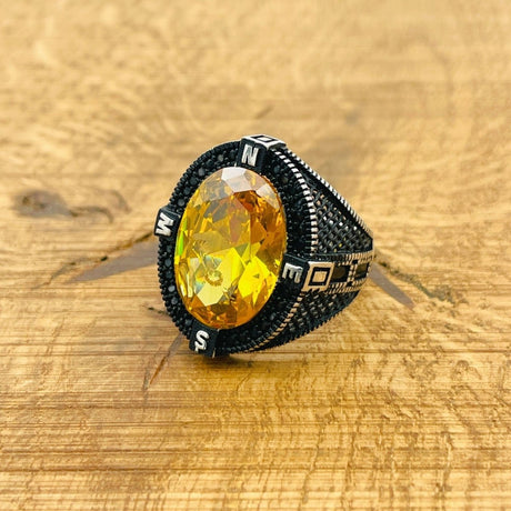 Men's Citrine Compass Silver Ring