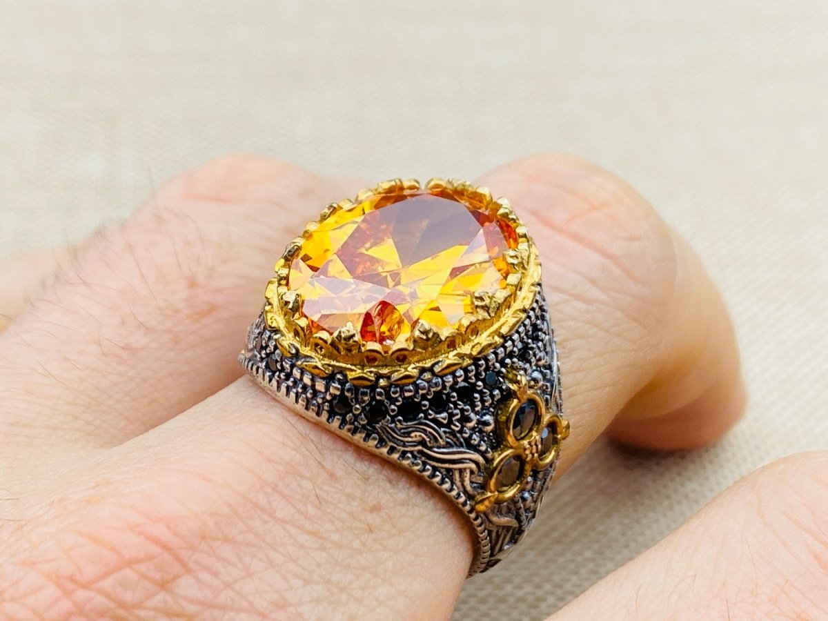 Men's Citrine Stone 925 Sterling Silver Ring