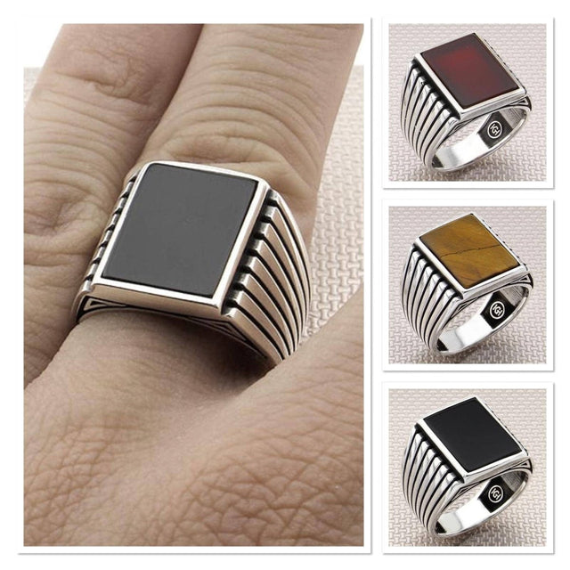 Men's Classic Patterned Square Stone 925 Sterling Silver Ring