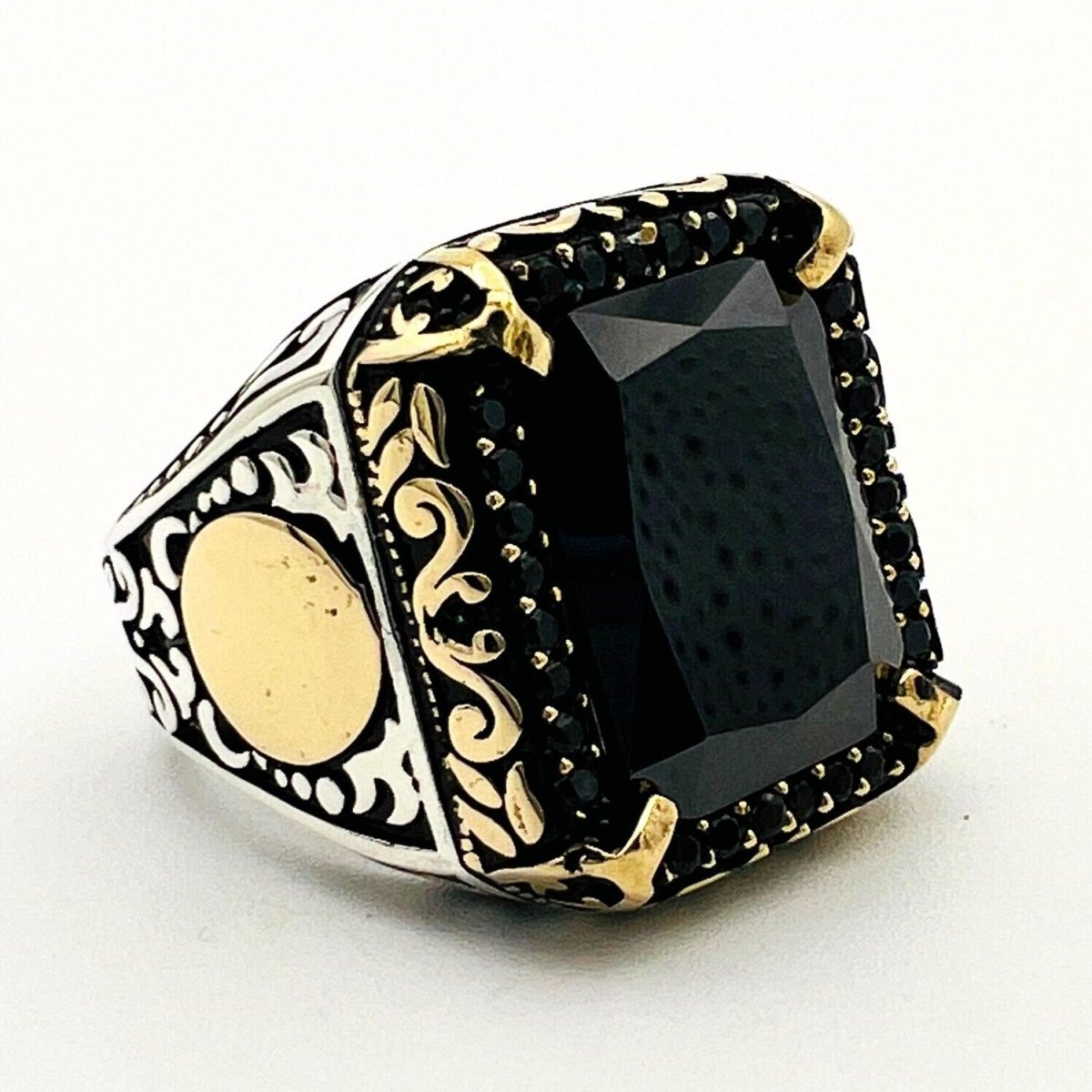 Men's Embroidered Onyx Silver Ring