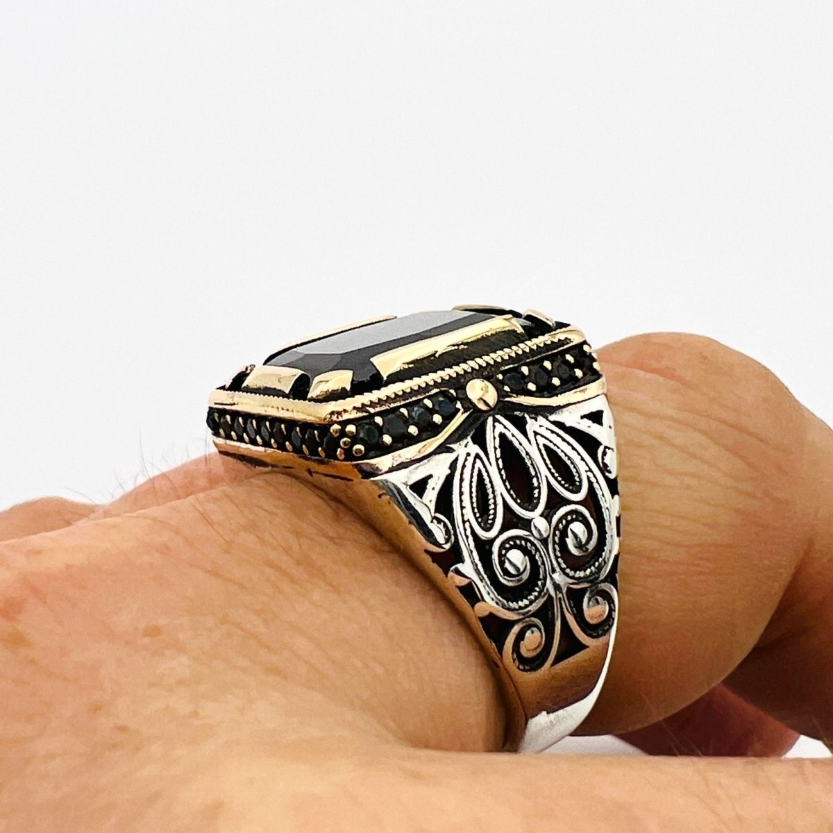 Men's Embroidered Onyx Silver Ring