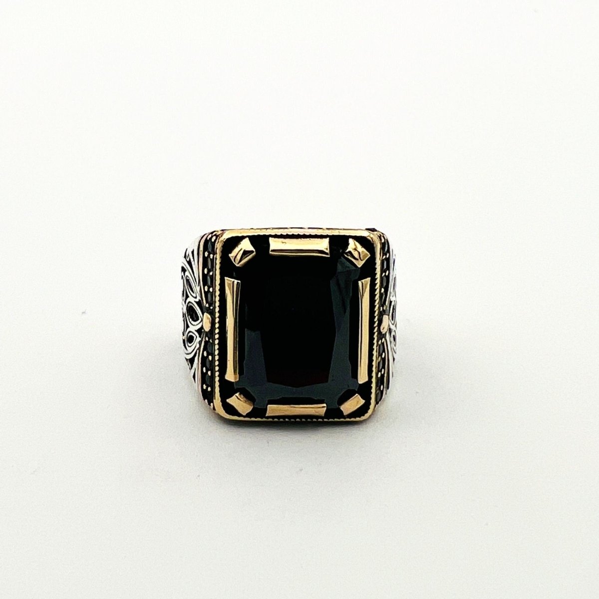 Men's Embroidered Onyx Silver Ring