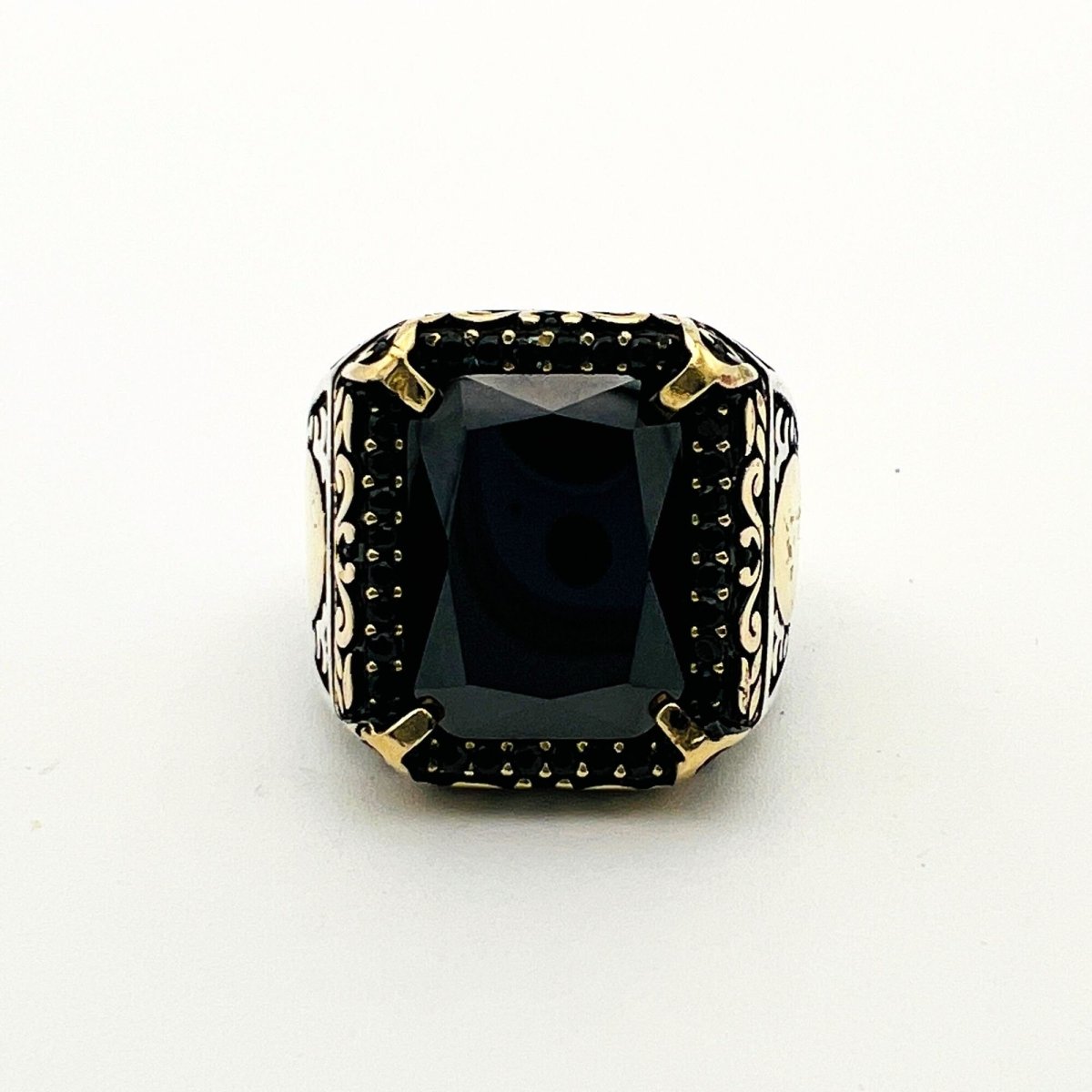 Men's Embroidered Onyx Silver Ring