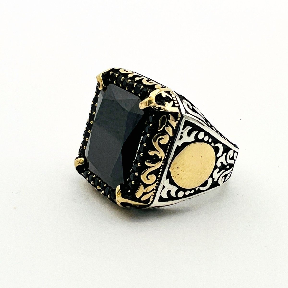 Men's Embroidered Onyx Silver Ring