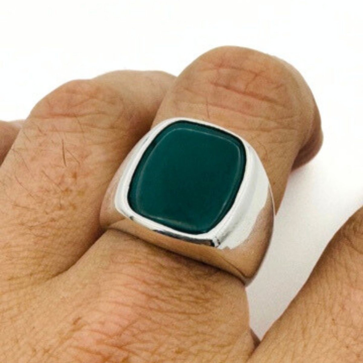 Men's Green Agate Gemstone Silver Ring