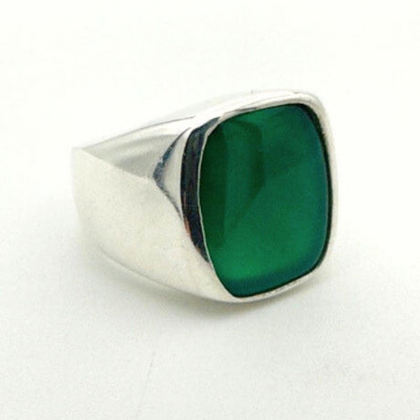 Men's Green Agate Gemstone Silver Ring