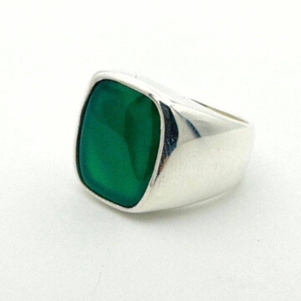 Men's Green Agate Gemstone Silver Ring