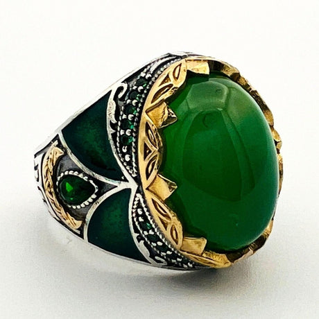 Men's Green Agate Silver Ring