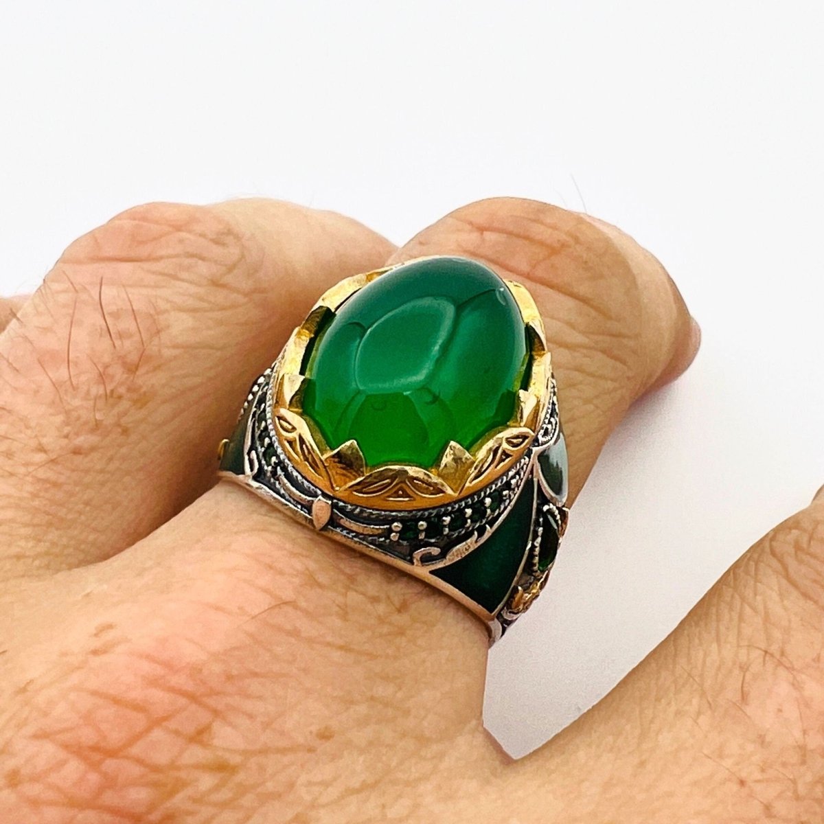 Men's Green Agate Silver Ring