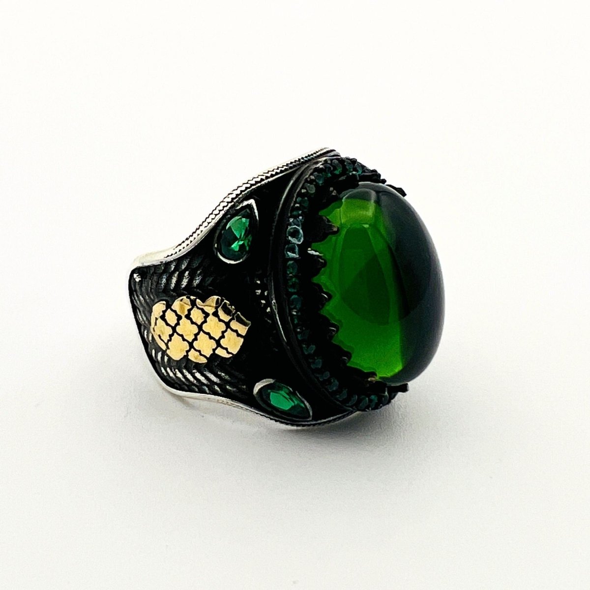 Men's Green Agate Silver Ring