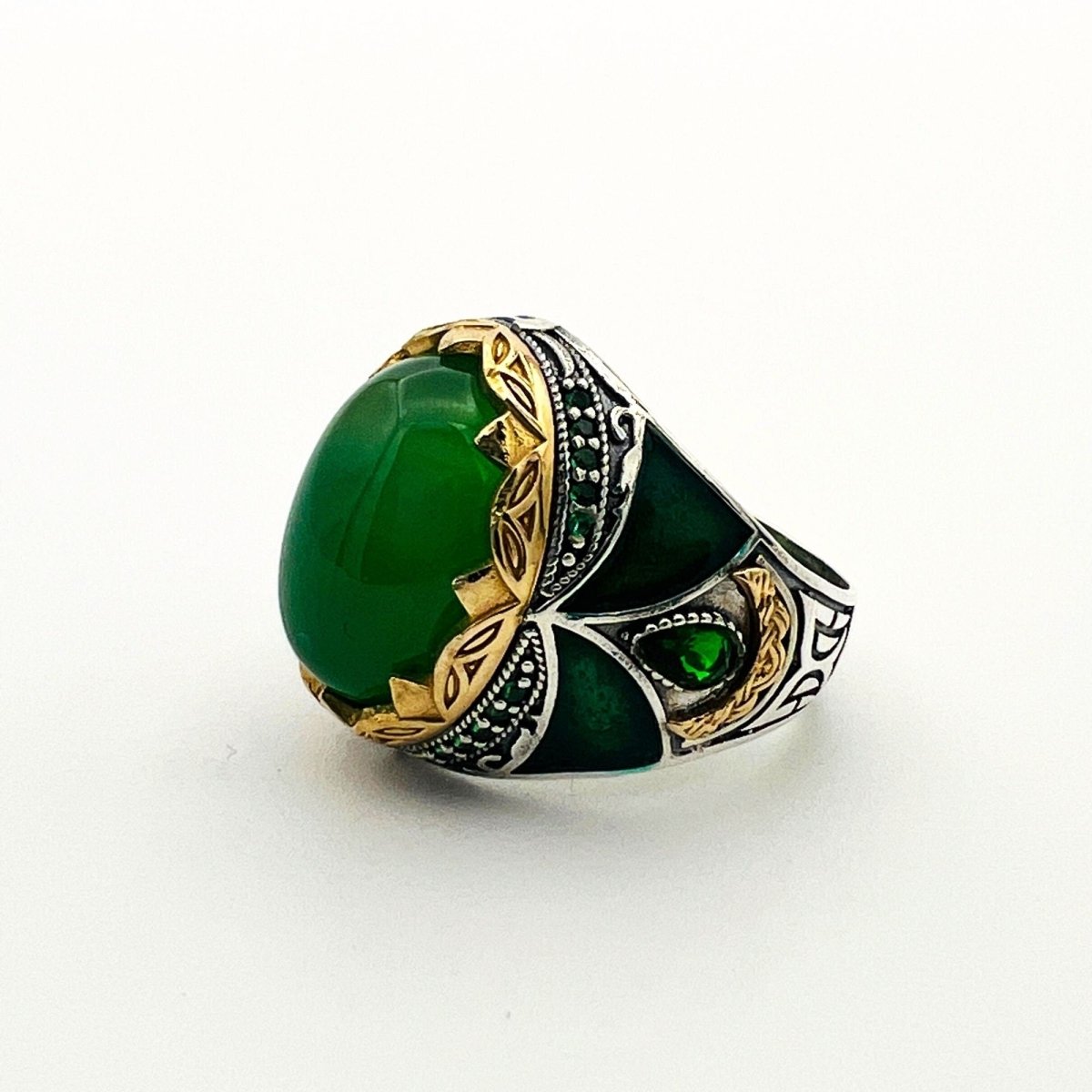 Men's Green Agate Silver Ring