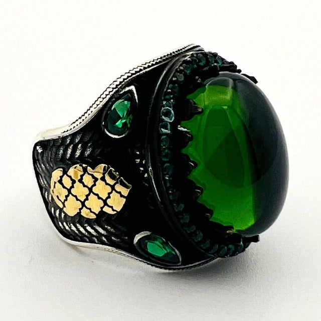 Men's Green Agate Silver Ring