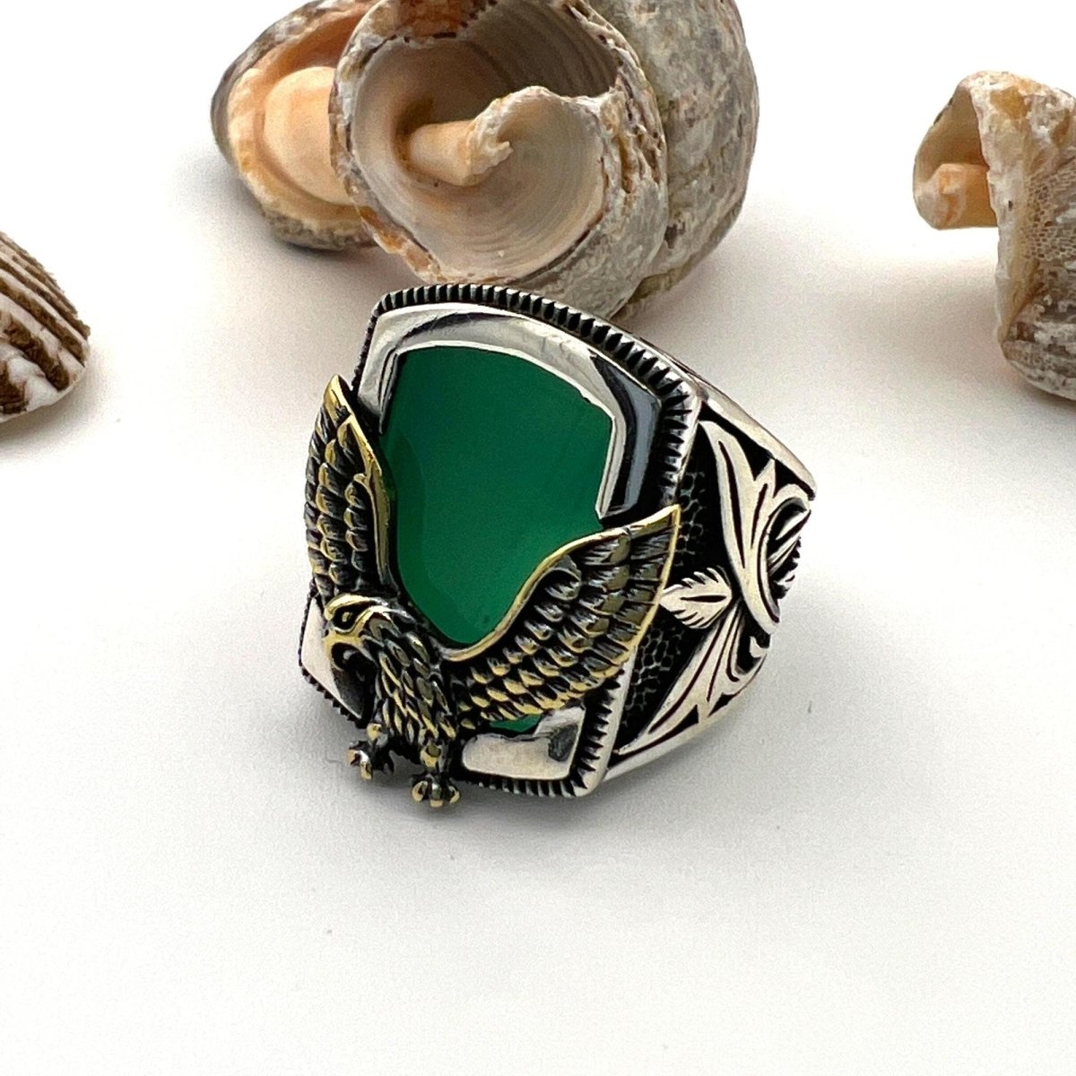 Men's Green Agate Stone Silver Ring