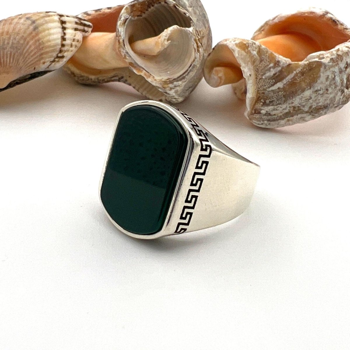 Men's Green Agate Stone Silver Ring