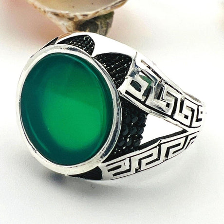 Men's Green Agate Stone Silver Ring