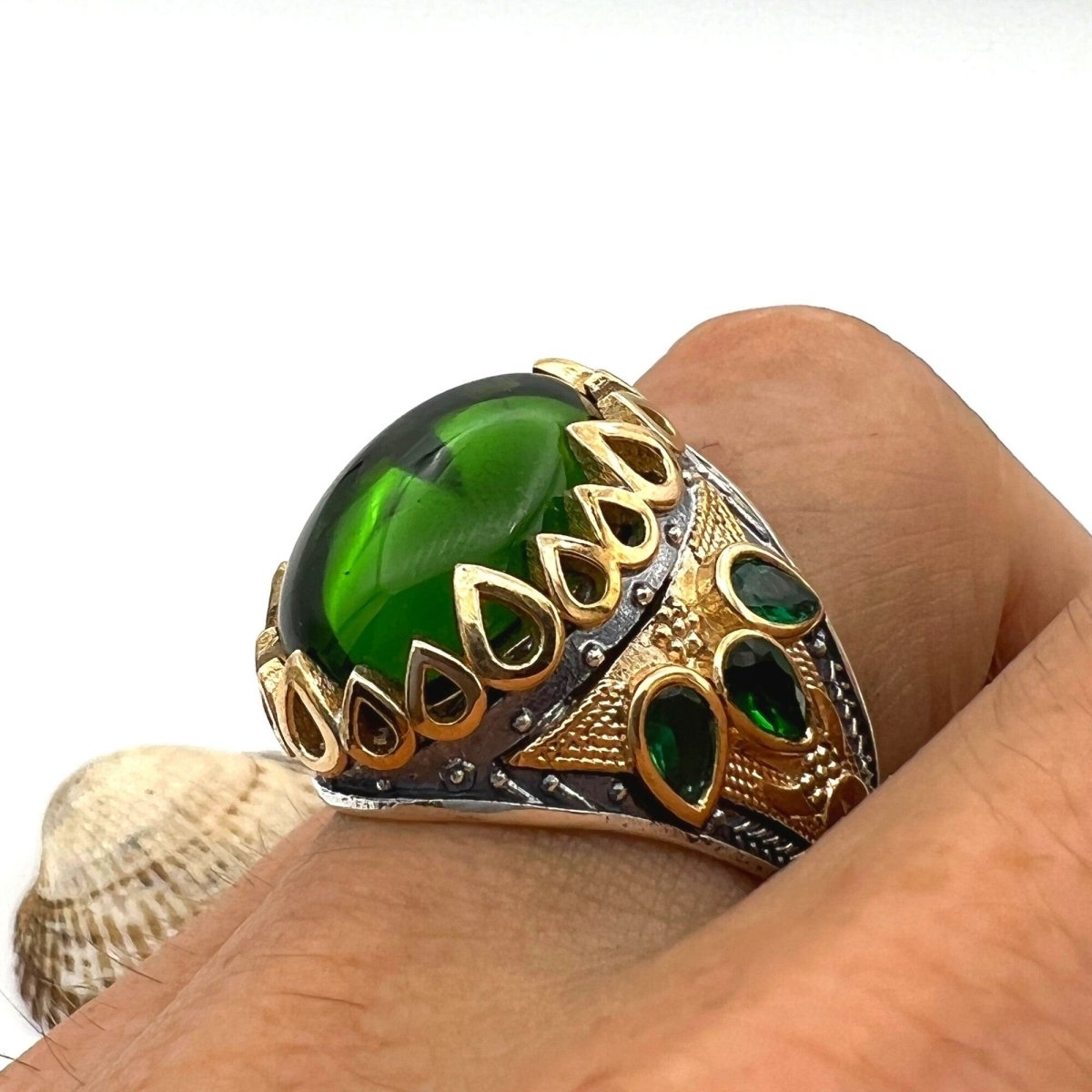 Men's Green Agate Stone Silver Ring