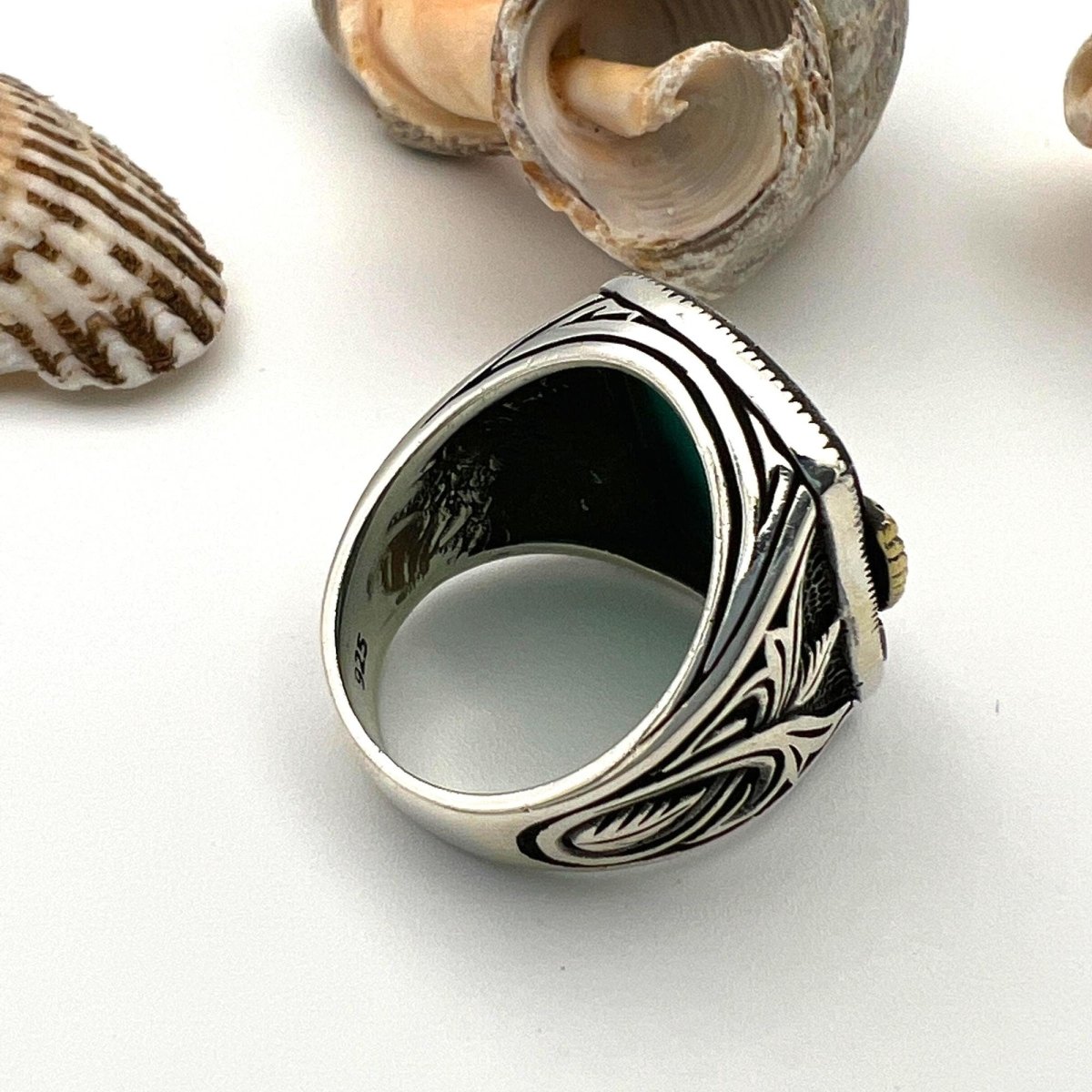 Men's Green Agate Stone Silver Ring