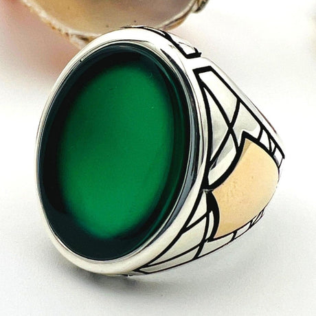 Men's Green Agate Stone Silver Ring