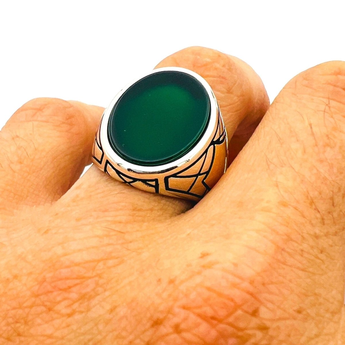 Men's Green Agate Stone Silver Ring