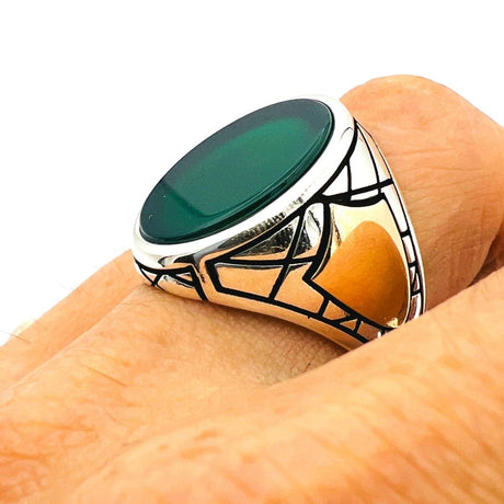 Men's Green Agate Stone Silver Ring