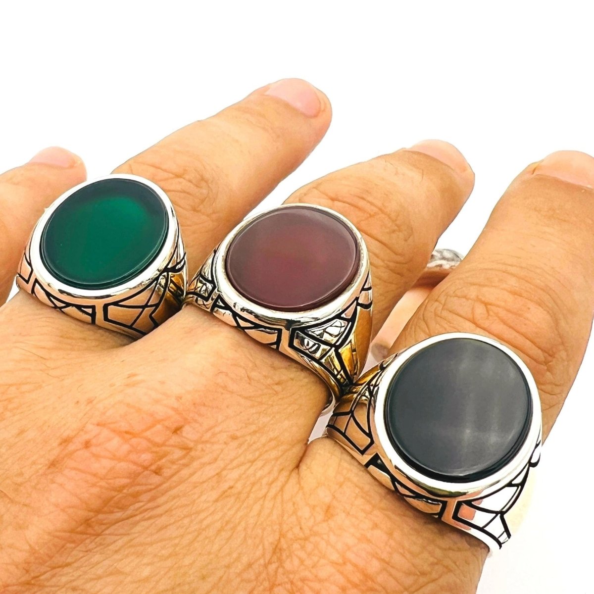 Men's Green Agate Stone Silver Ring